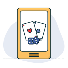 Afbeelding van een mobiele telefoon met speelkaarten en dobbelstenen op het scherm